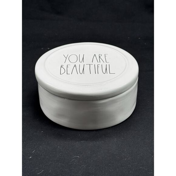 Rae Dunn “You are Beautiful” White Round Jewelry Box Bowl w/ Lid Trinket Dish - Picture 2 of 8